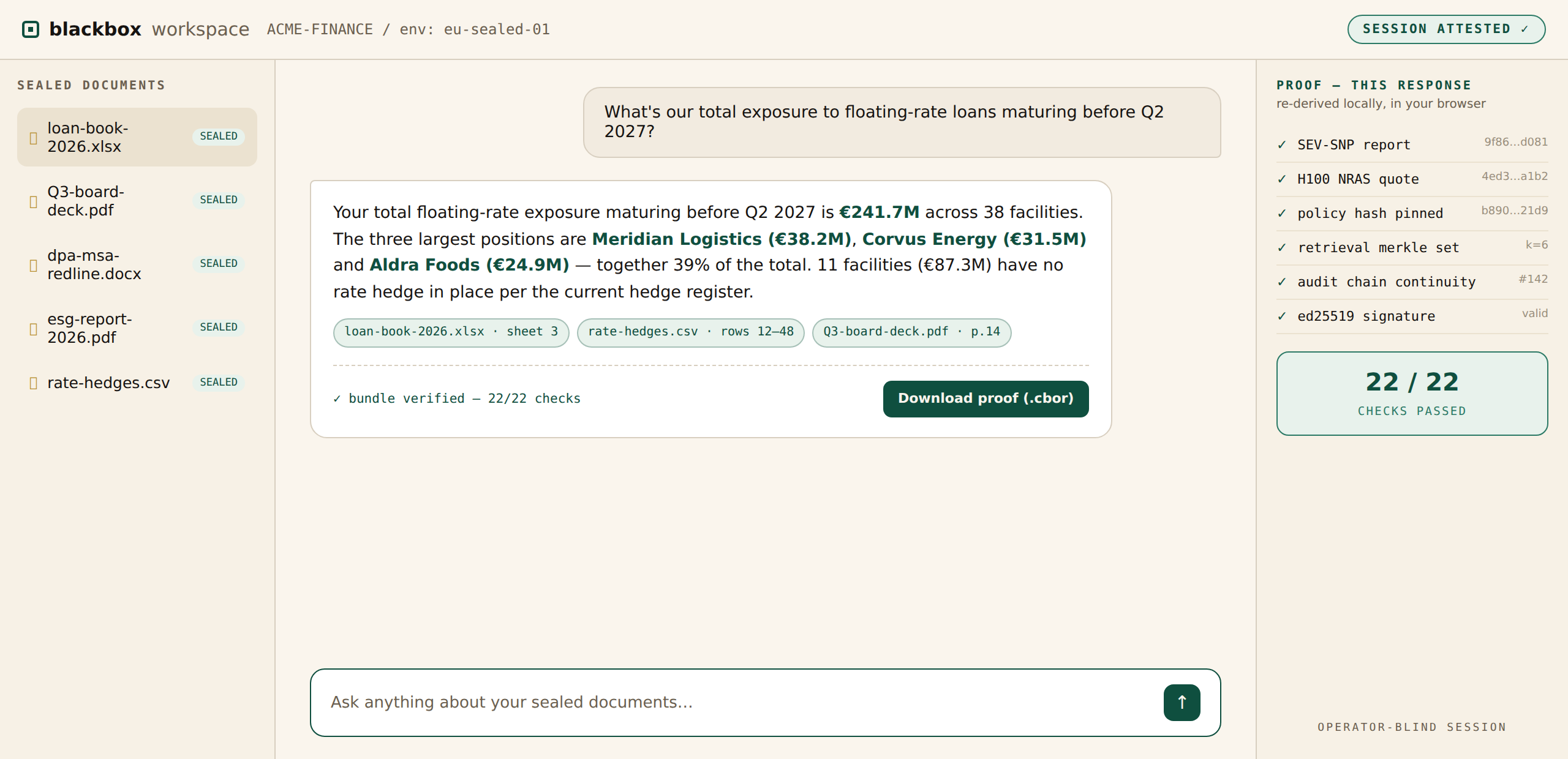 blackbox RAG workspace: chat over sealed documents with a 22-check proof panel
